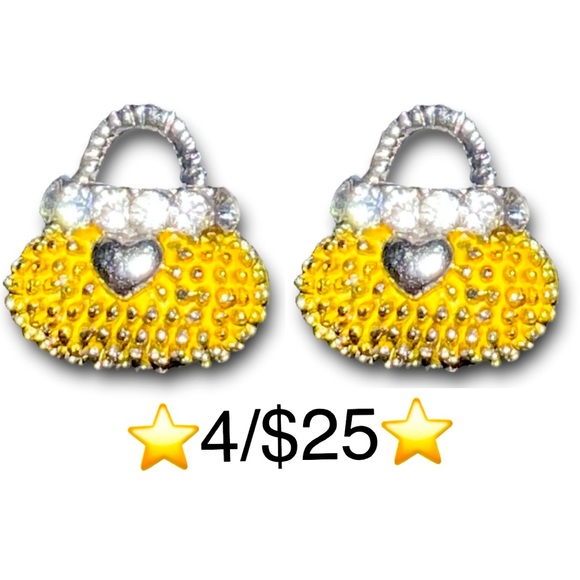 Yellow and Silver Tone Rhinestone Heart Handbag / Purse Pierced Stud Earrings - Picture 1 of 14